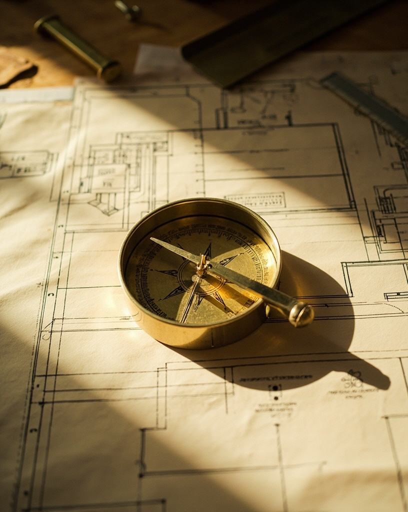 A brass compass resting on an architectural floor plan