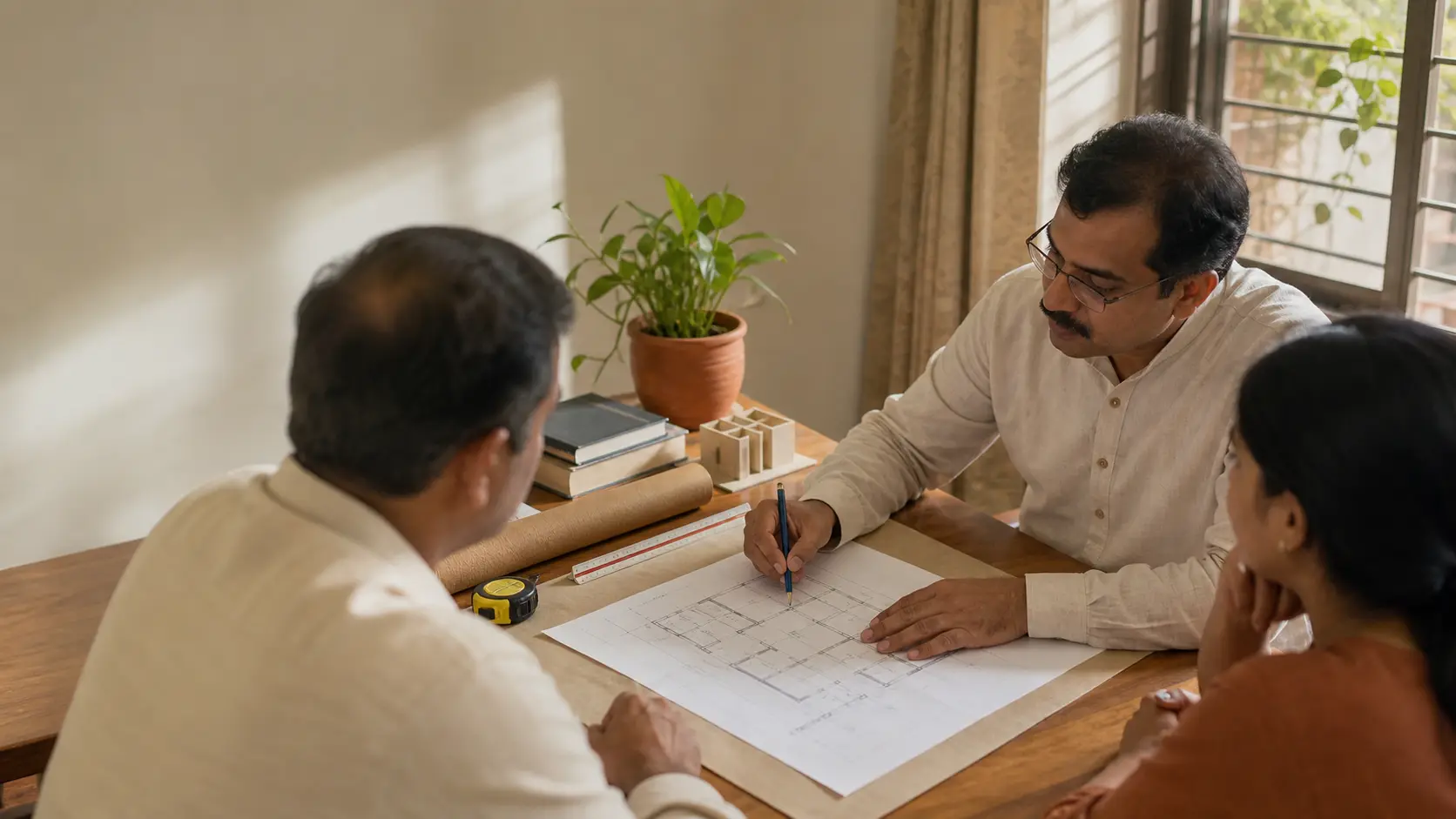 An Indian family reviewing a home floor plan with a consultant